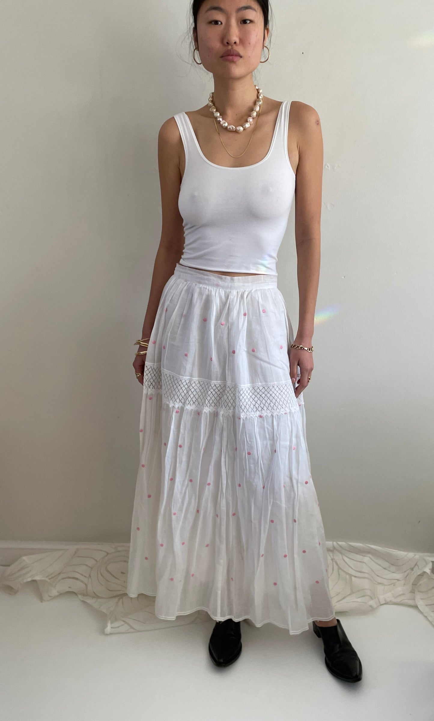 vintage white sheer cotton organza embroidered polka dot gathered maxi skirt | waist 29