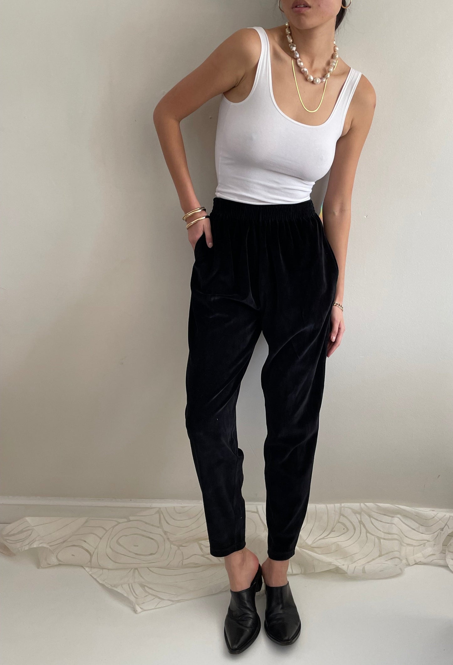 vintage 90s black velour elastic waist stretch velvet jogger pants