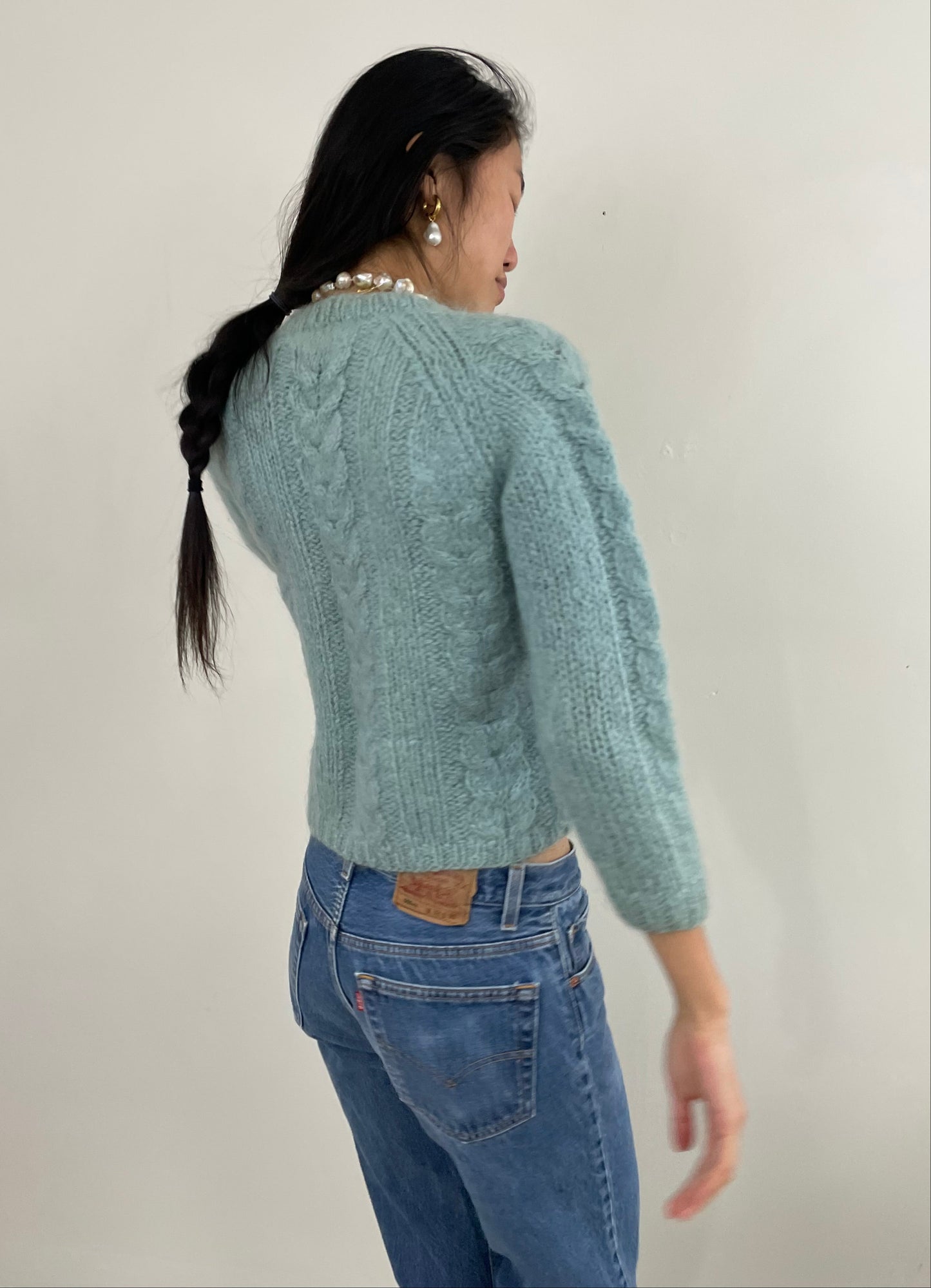 Vintage 60s Mohair Hand Knit Robins Egg Blue Cropped Cable Sweater S