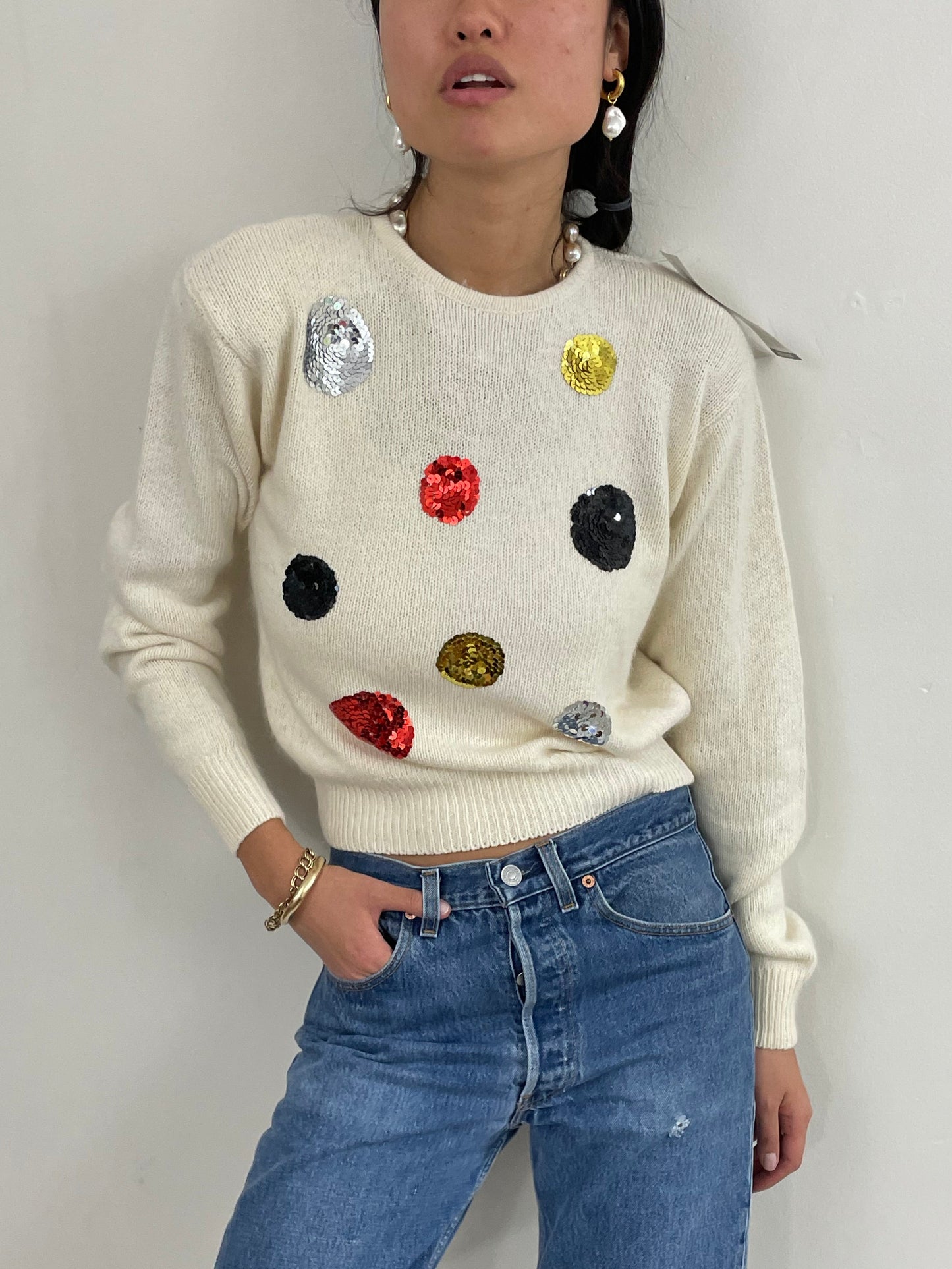 Vintage 90s White Sequins Disco Ball Silk Angora NWT Sweater Med