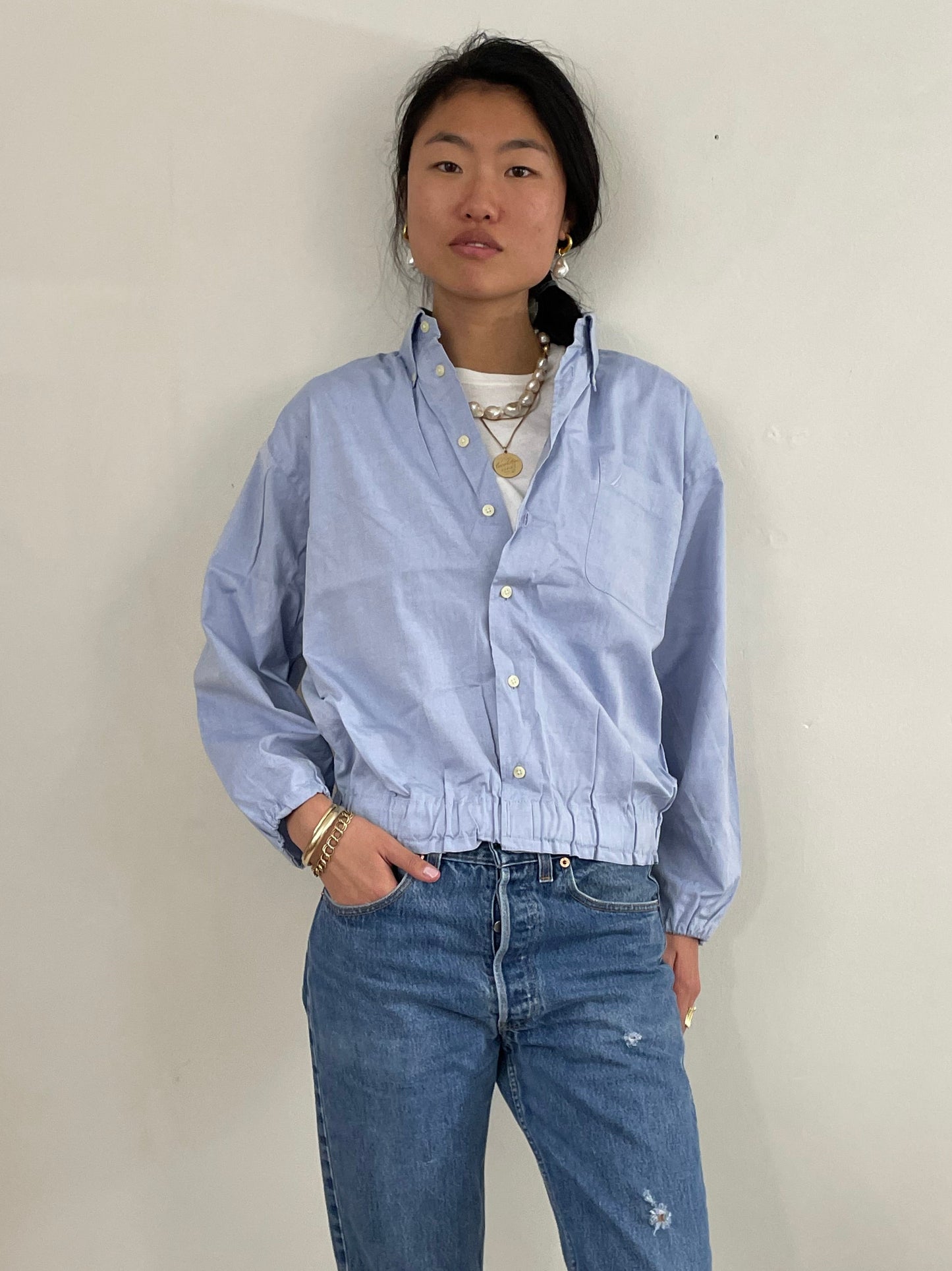 vintage 90s Ice Blue Cropped Blouson Cotton Shirt Blouse