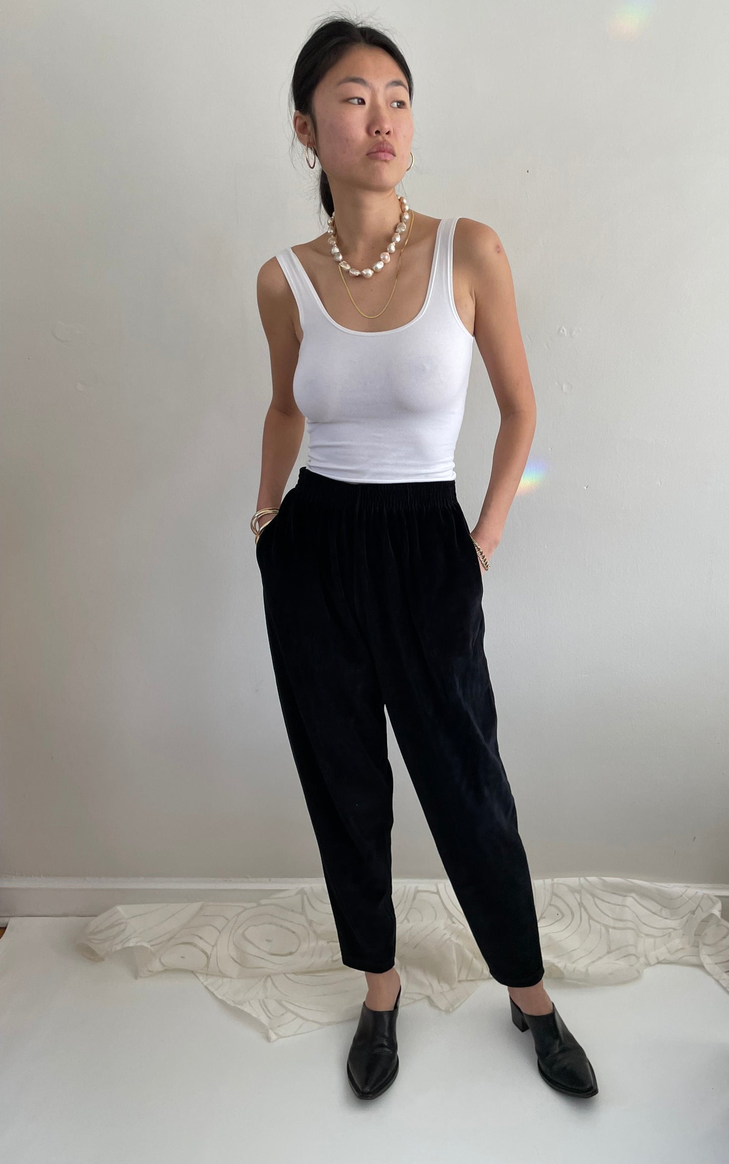 vintage 90s black velour elastic waist stretch velvet jogger pants