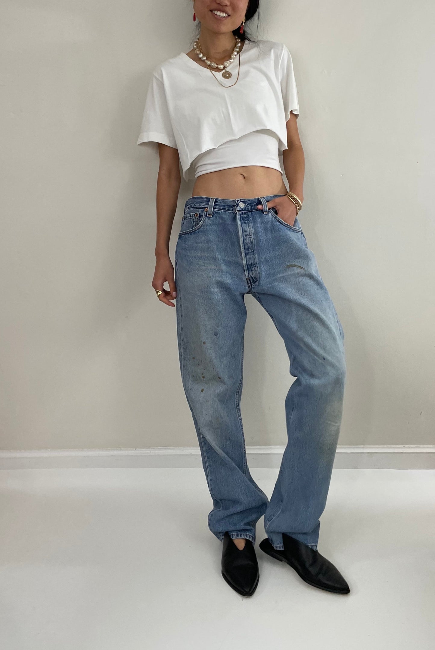 Vintage Levis 501 button fly soft faded tall boyfriend baggy jeans made in USA size 33 x 33