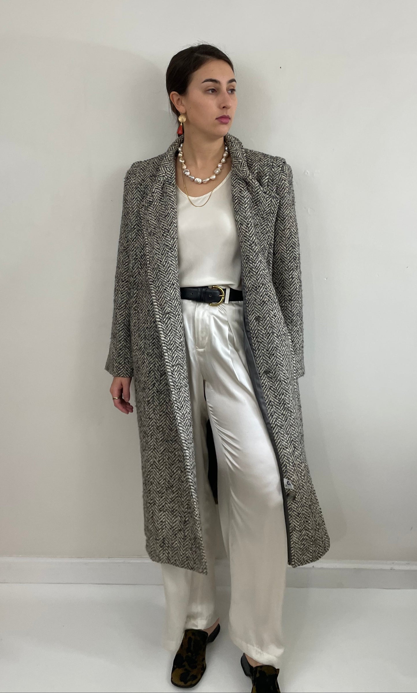 Vintage 90s Long Herringbone Tweed Double Breasted Overcoat Winter