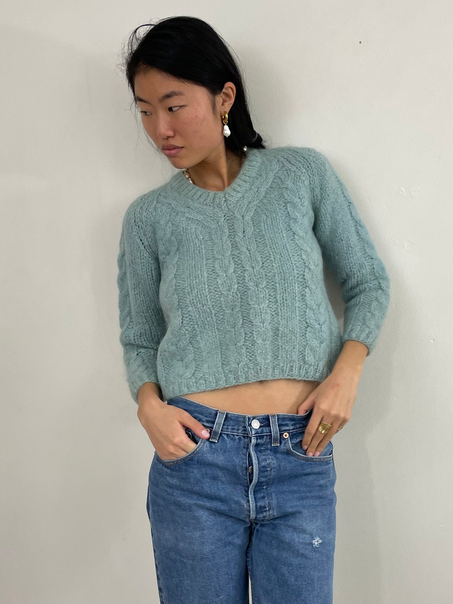 Vintage 60s Mohair Hand Knit Robins Egg Blue Cropped Cable Sweater S