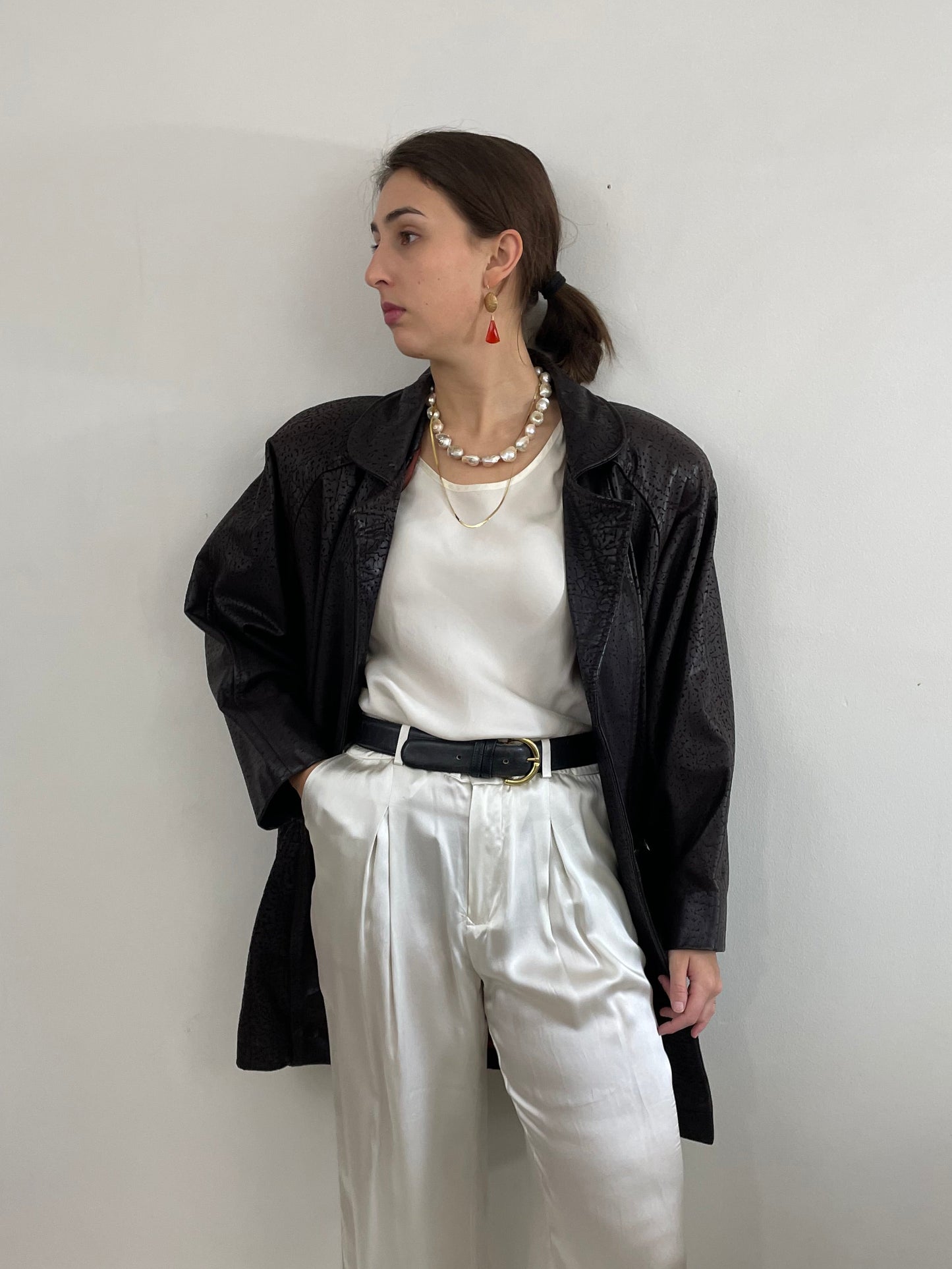 90s Embossed Leather Slouchy Brown Coat Jacket | Medium