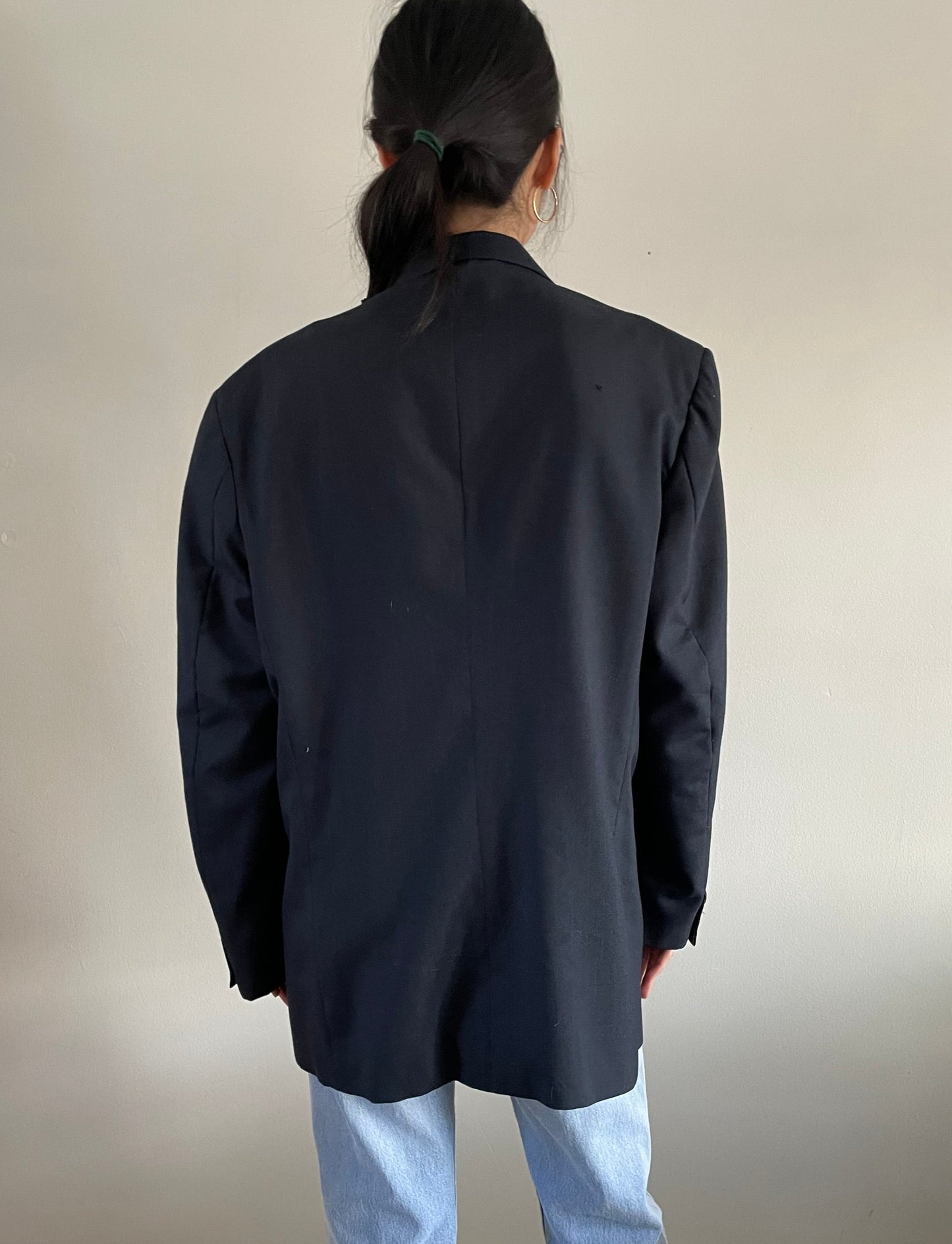 vintage oversized double breasted peaked lapel midnight navy blue menswear boyfriend blazer