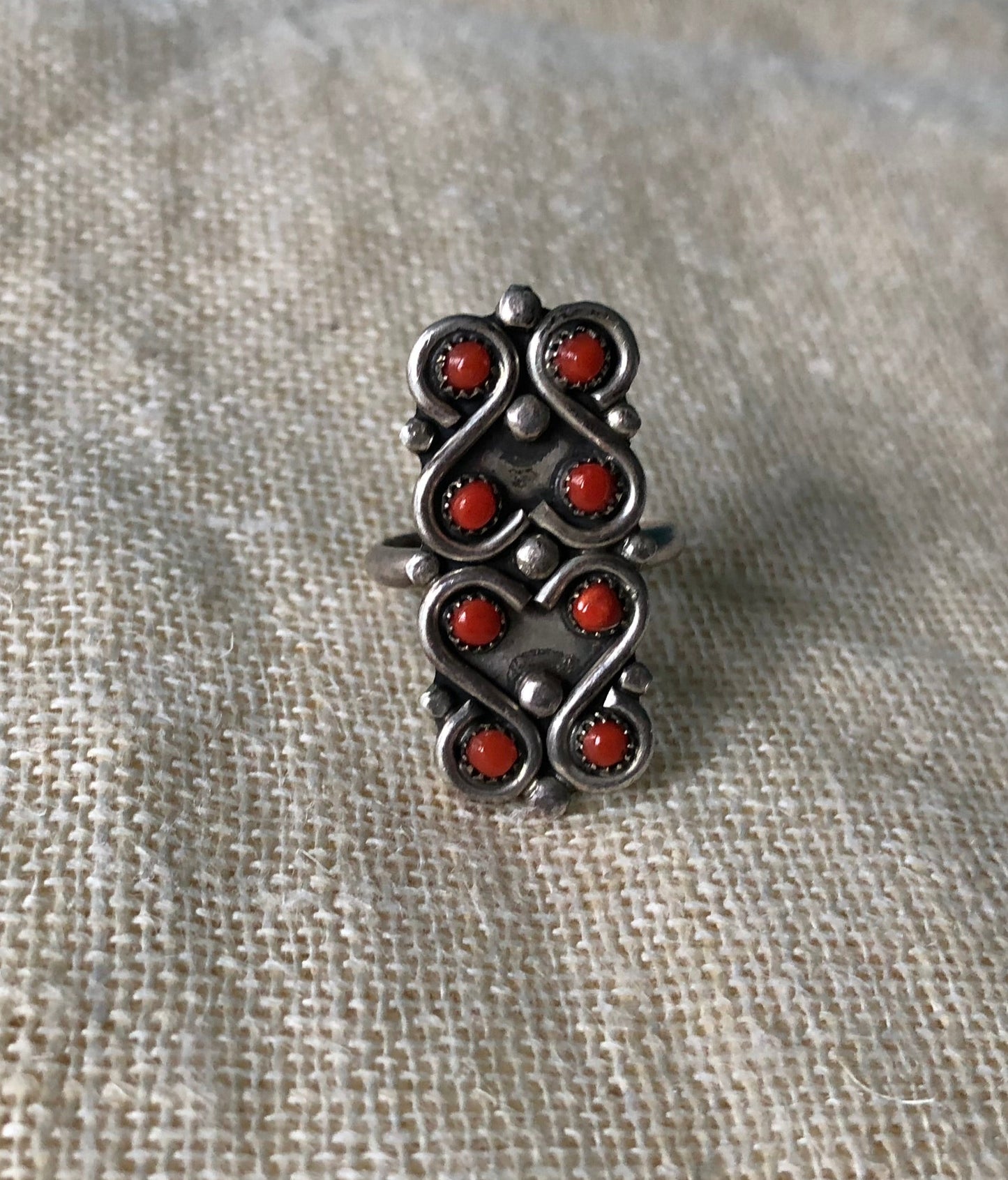 Vintage 50s Artisan Hand Wrought Navajo Red Coral Cluster Statement Sterling Silver Ring
