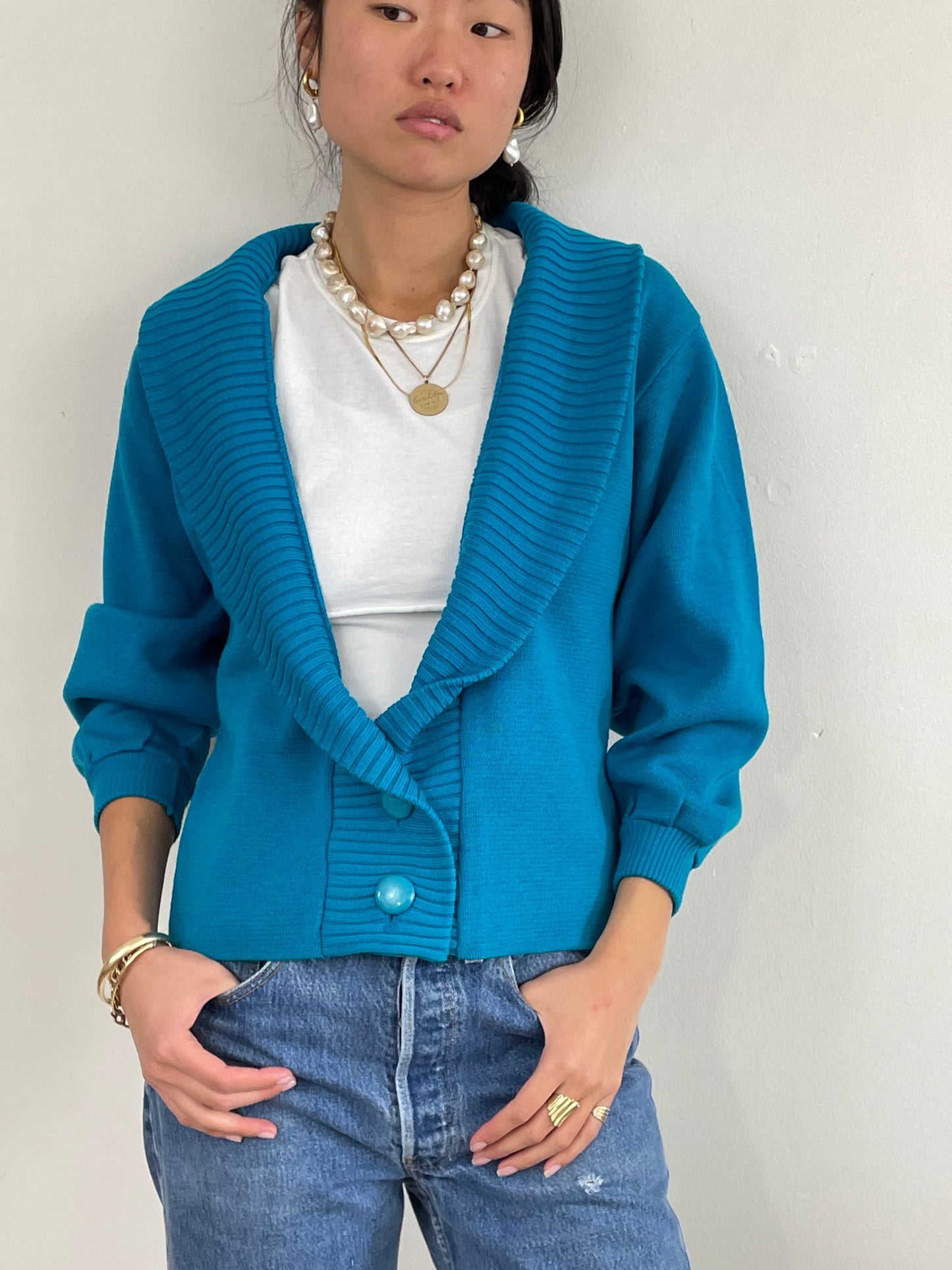Vintage 70s Jaeger Wool Teal Shawl Collar Cardigan Small