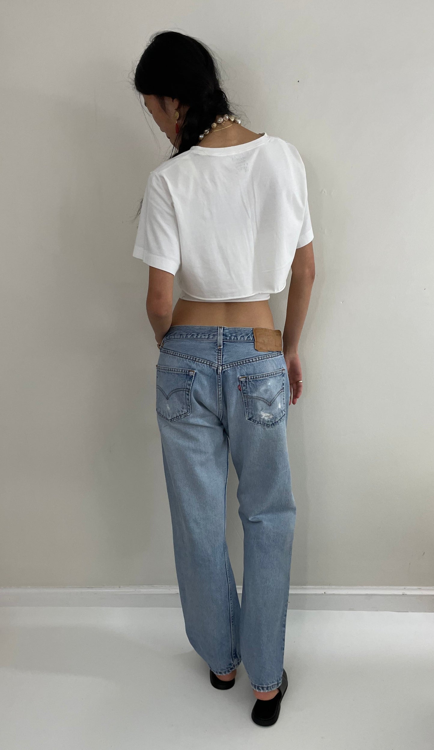 RESERVED Vintage 80s Levi's 501 faded button fly medium wash red tab patched knee Levis iconic jeans size 32 x 29