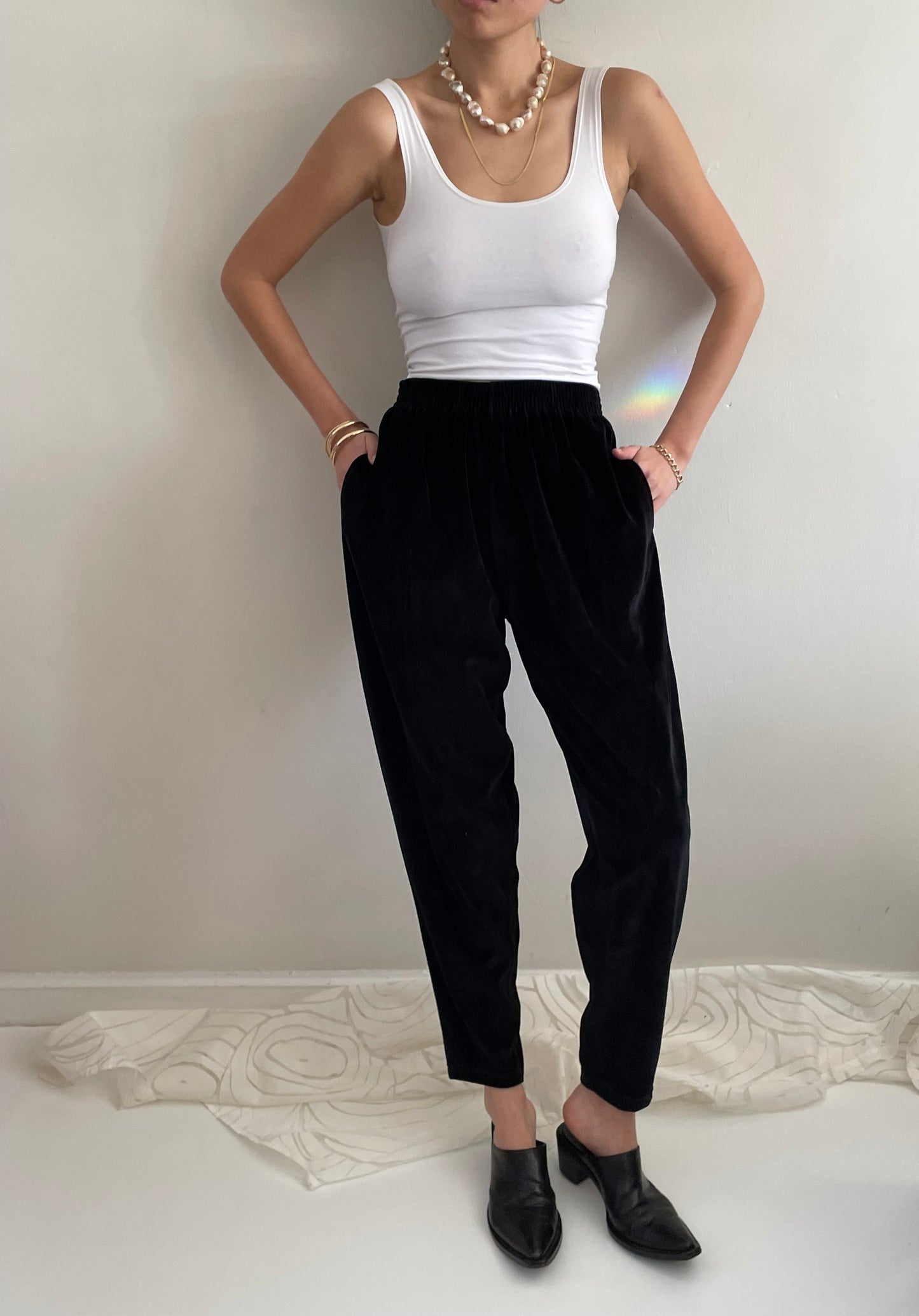 vintage 90s black velour elastic waist stretch velvet jogger pants