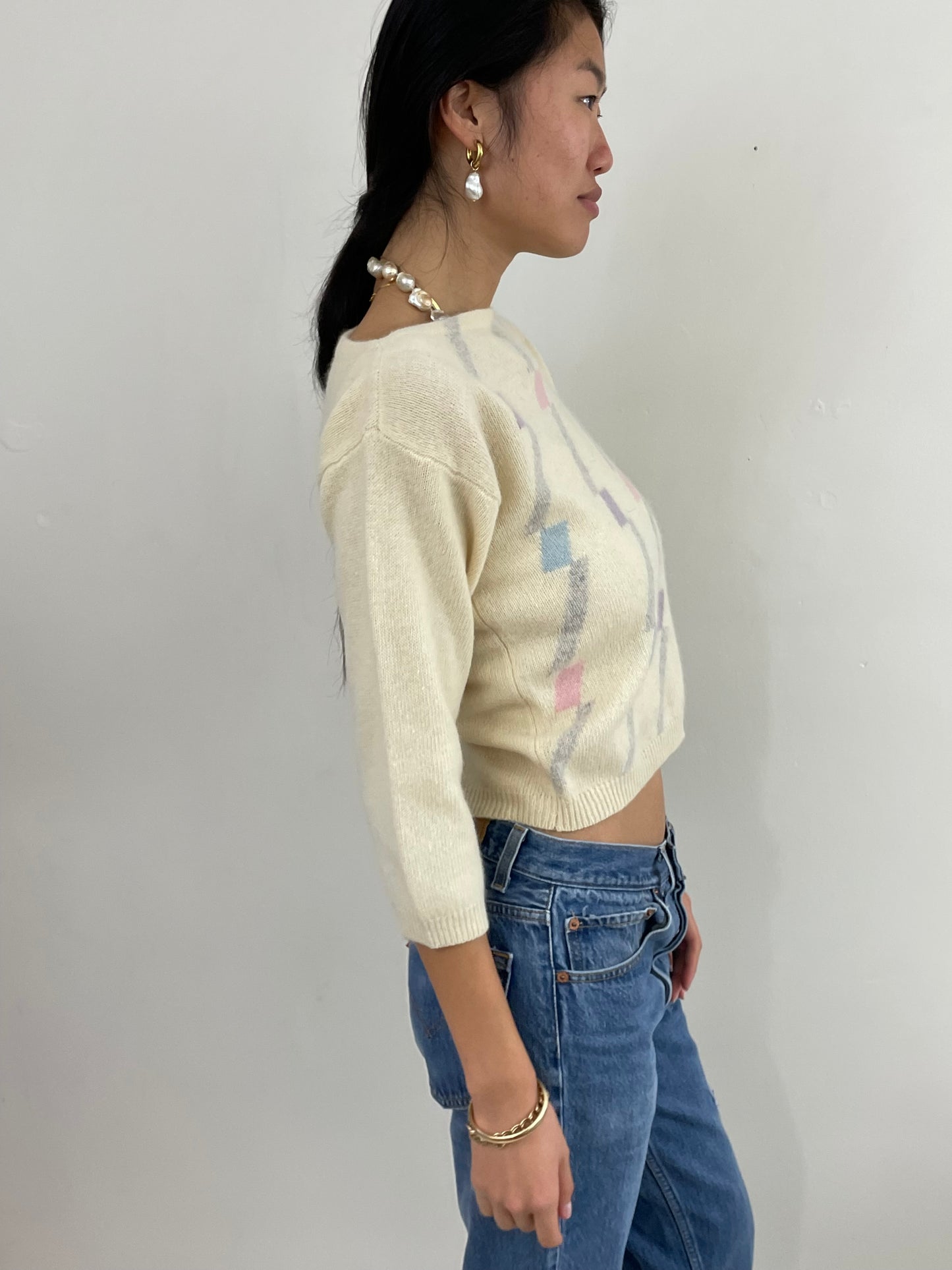 Vintage 70s Lambswool Intarsia Boatneck Cropped Sweater