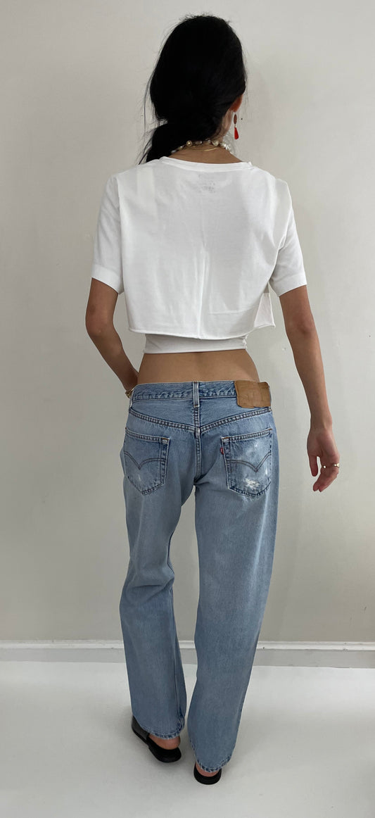 RESERVED Vintage 80s Levi's 501 faded button fly medium wash red tab patched knee Levis iconic jeans size 32 x 29