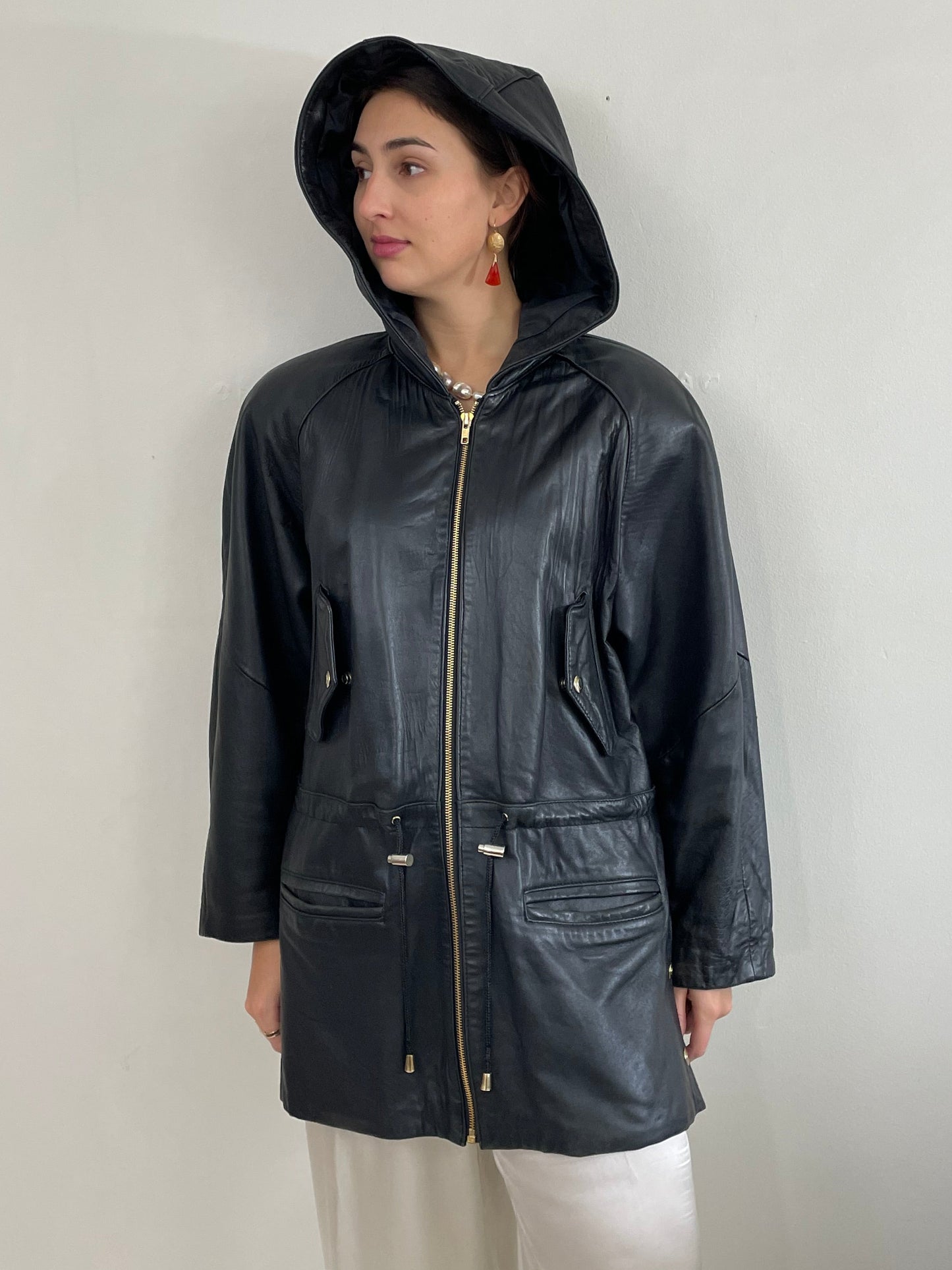 Vintage 90s Black Leather Jacket: Hooded Raglan Sleeve Zip Front Coat Medium
