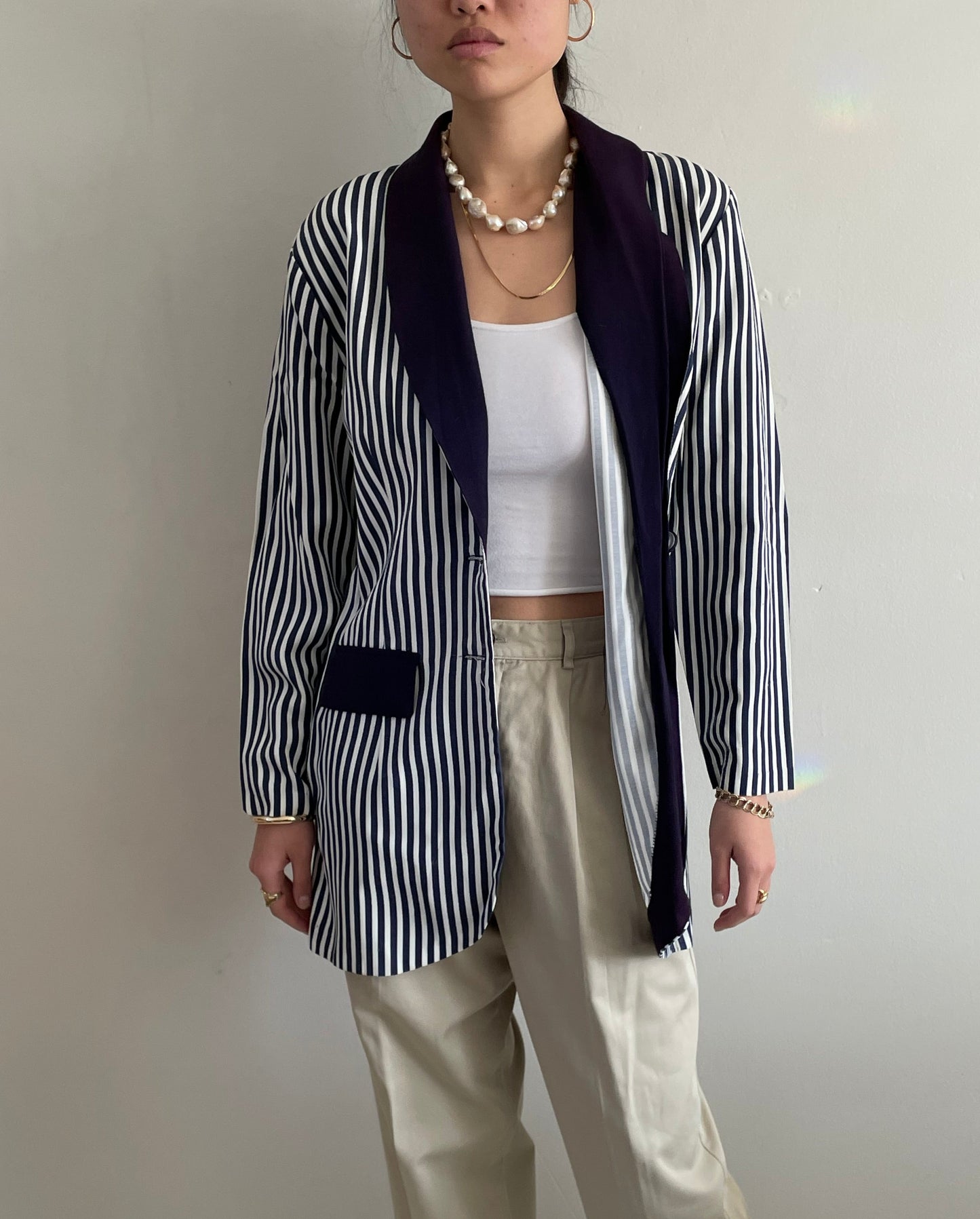 vintage 90s navy blue striped rayon blazer Large