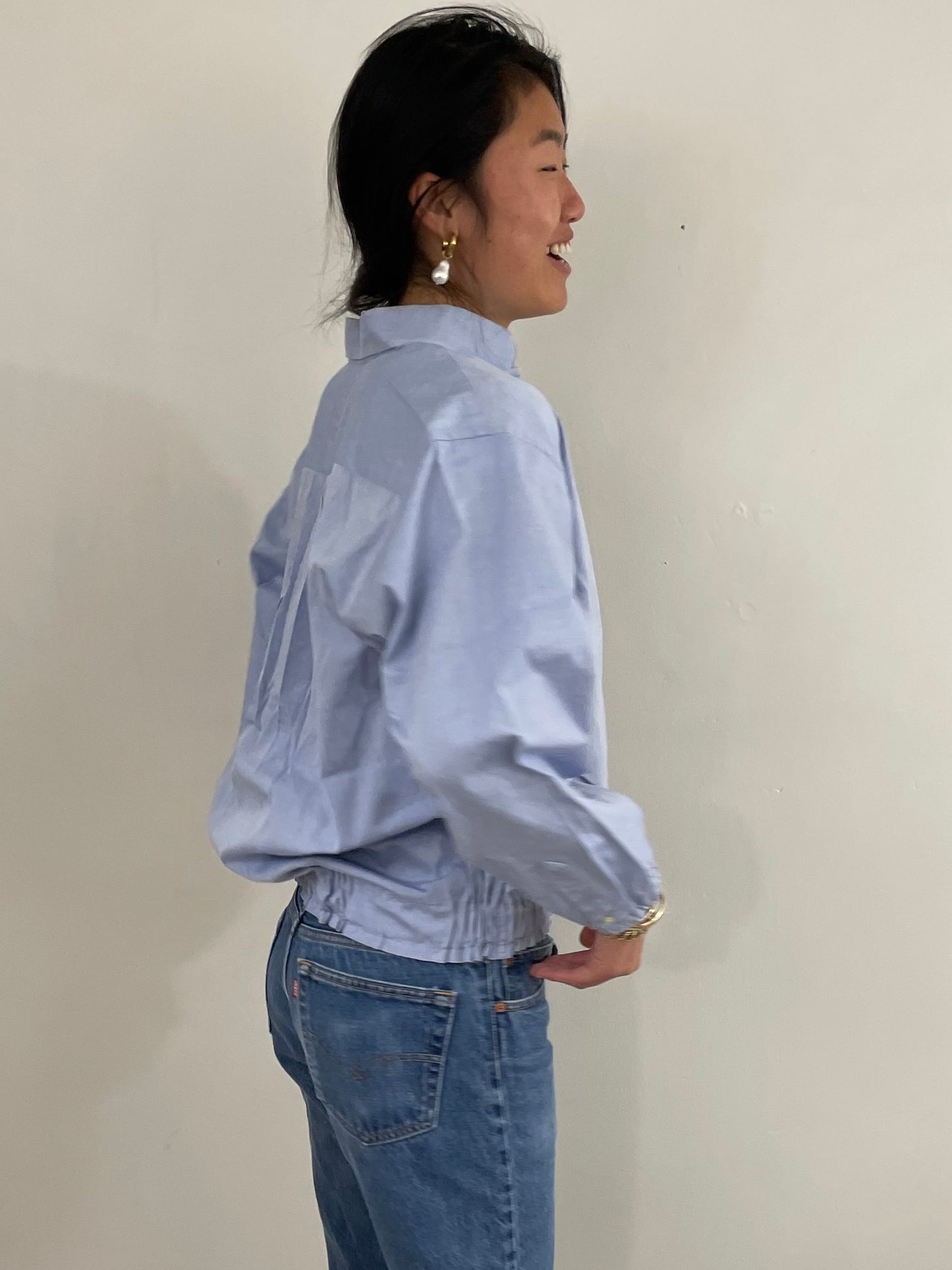 vintage 90s Ice Blue Cropped Blouson Cotton Shirt Blouse