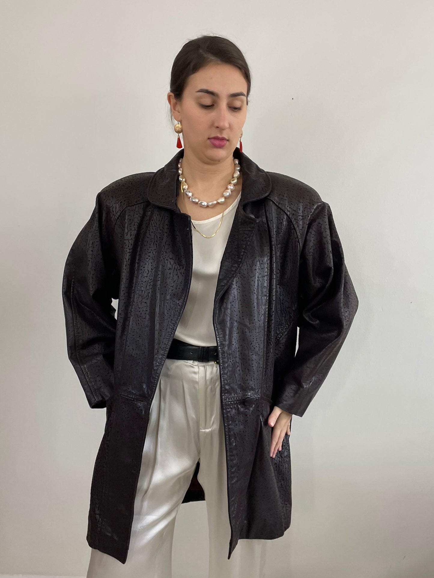 90s Embossed Leather Slouchy Brown Coat Jacket | Medium