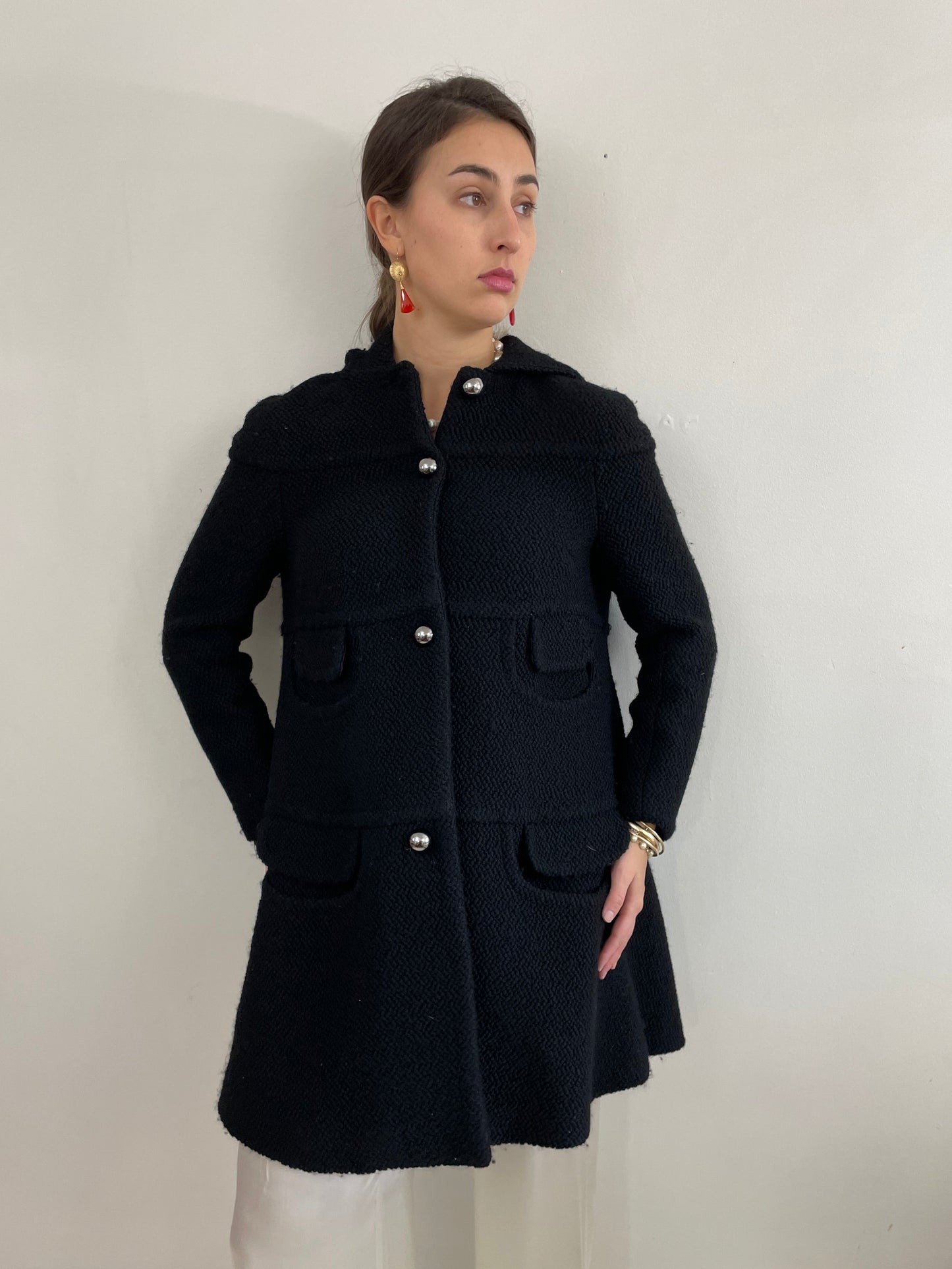 Vintage Black Boucle Wool Martin Grant Paris Hooded Swing Coat + Silver Buttons