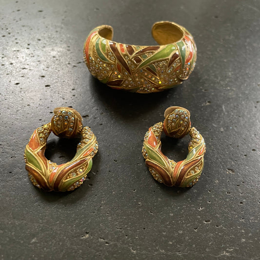 Vintage 90s Roxanne Assoulin Enamel Cuff Bracelet and Door Knocker Earring Matching Set Jewelry