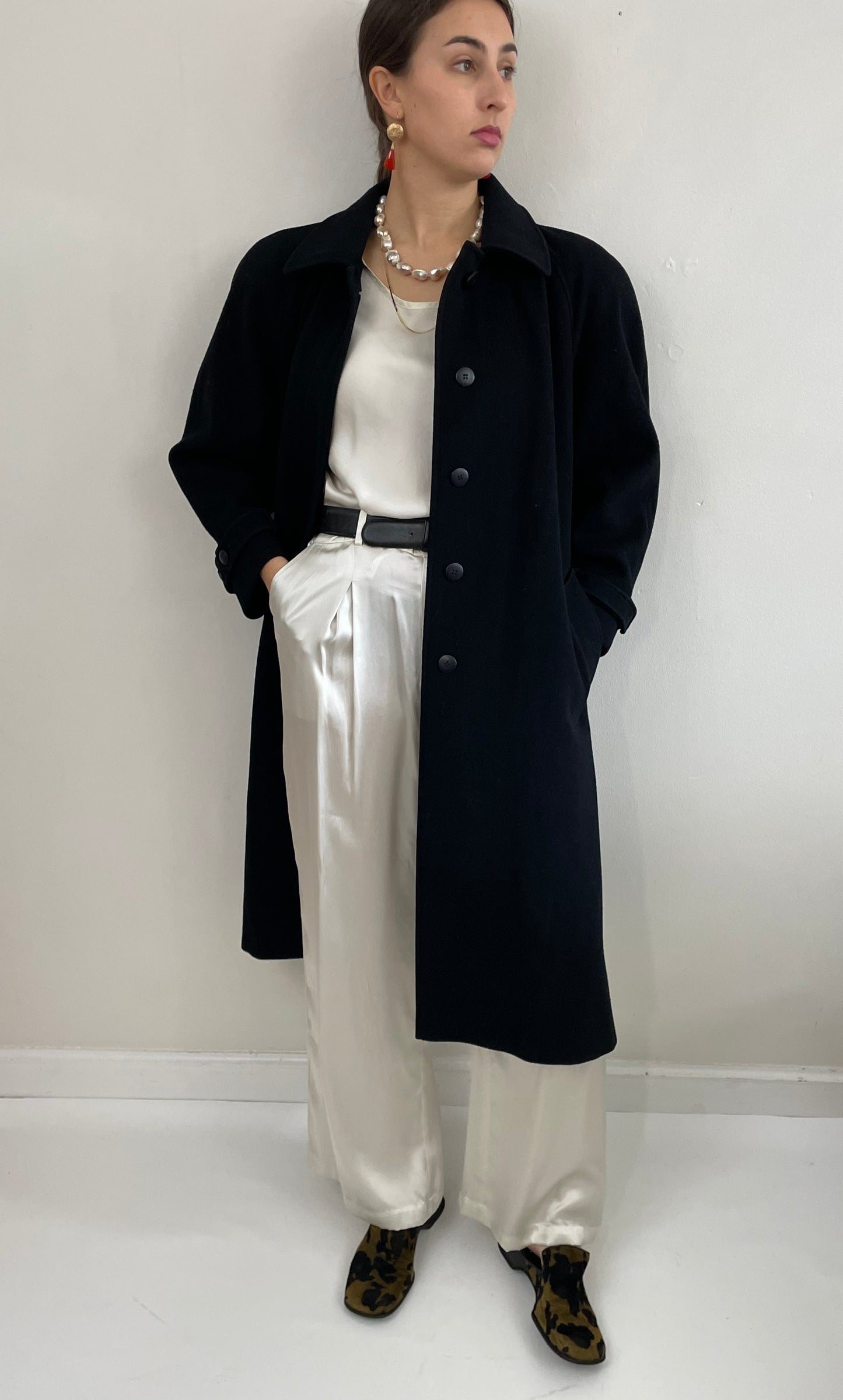 Vintage 90s Long Black Wool Overcoat Winter Coat