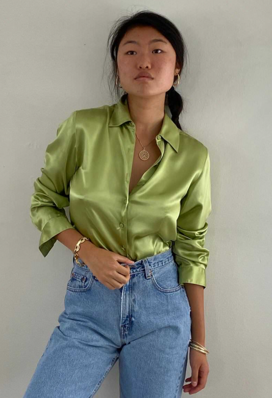RESERVED vintage 90s silk charmeuse celadon green blouse | M